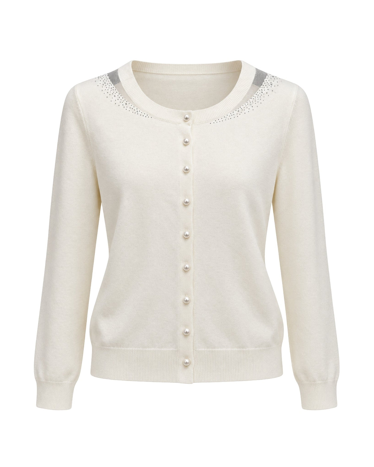 An off-white long-sleeve cardigan sweater with pearl-like buttons and a decorative silver-gray and white beaded collar, shown against a plain white background.