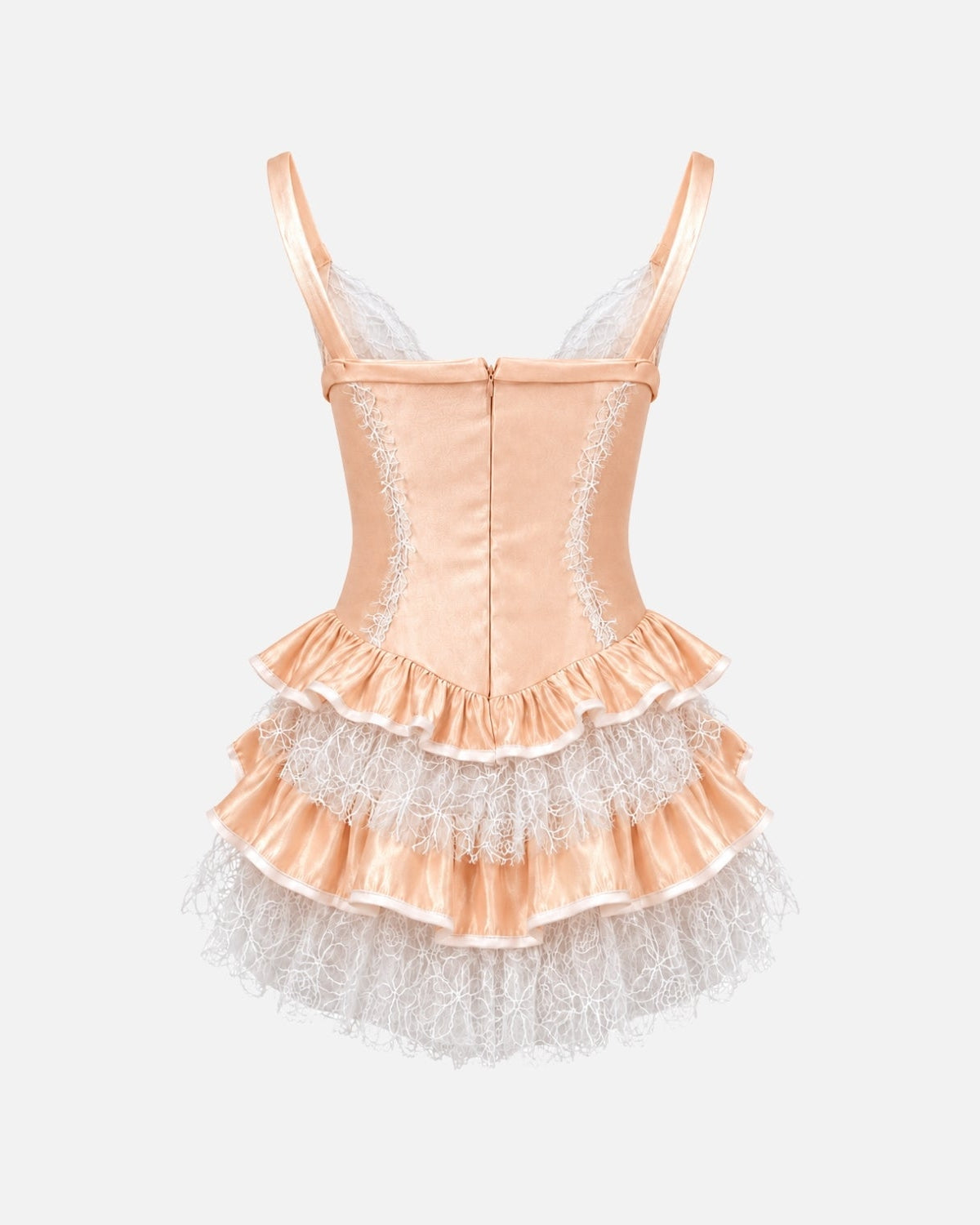 Studio back view of a tiered ruffle mini dress showing high quality seams and luxury construction.