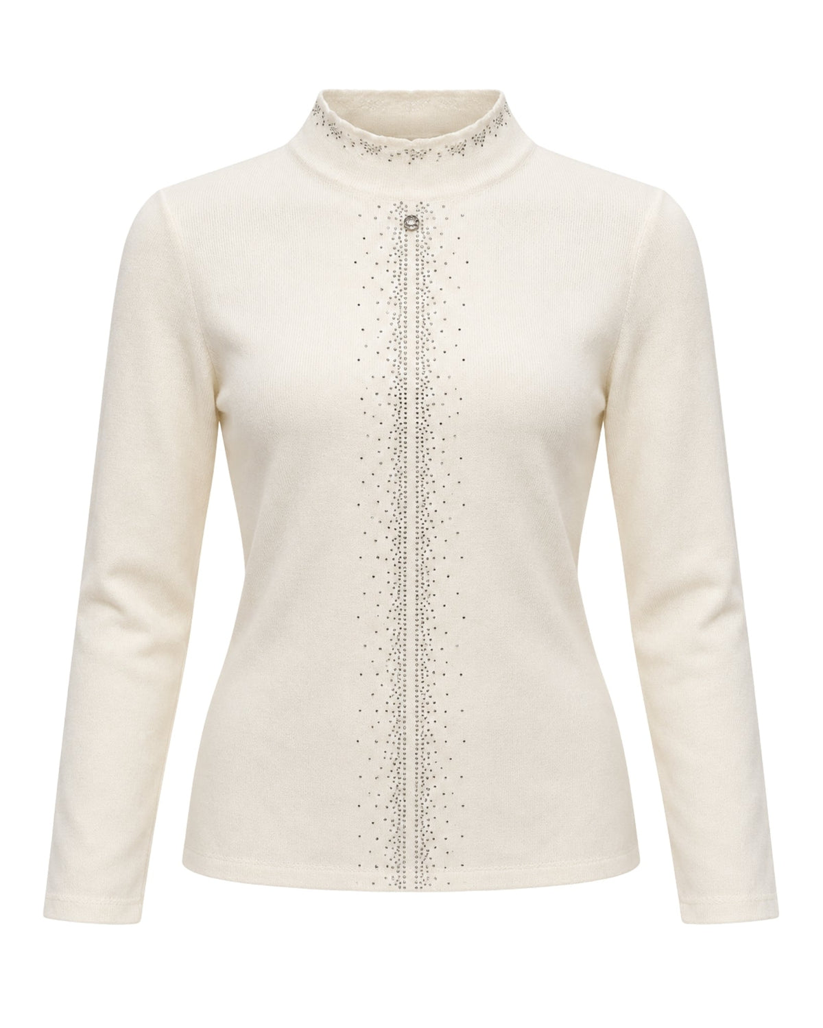 An off-white long-sleeve knit top with a mock neck, featuring a central zipper and delicate rhinestone embellishments on the collar and down the front.