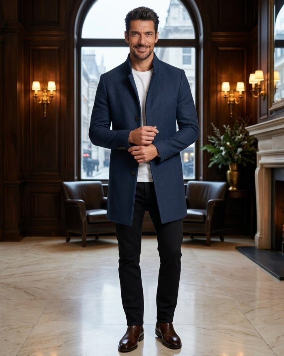 A man wearing a navy blue overcoat, black trousers, and brown leather shoes stands in a luxurious, dimly lit room with dark wood paneling, arched windows, and wall sconces.
