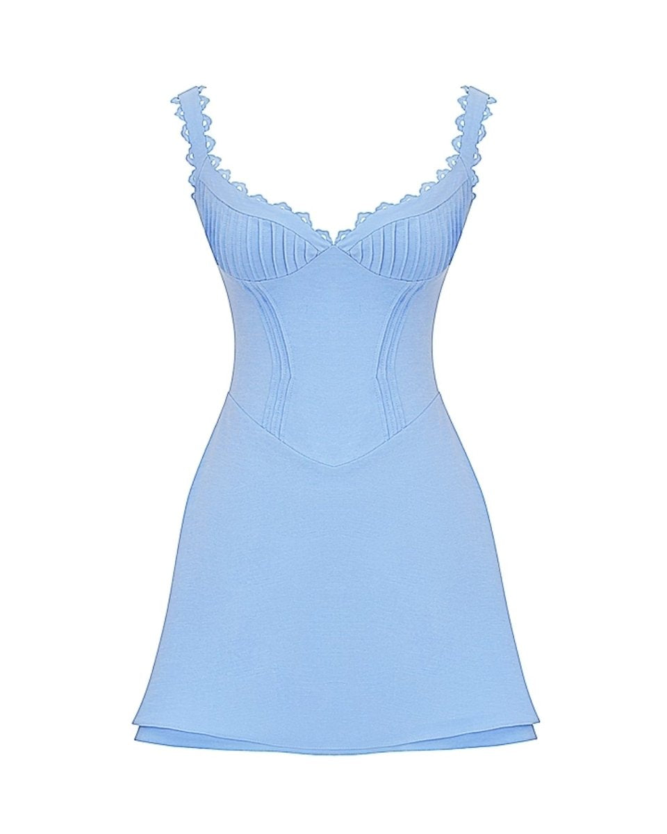 Product photo of the Ariadne blue corset mini dress showing pleated bust and sweetheart neckline details.