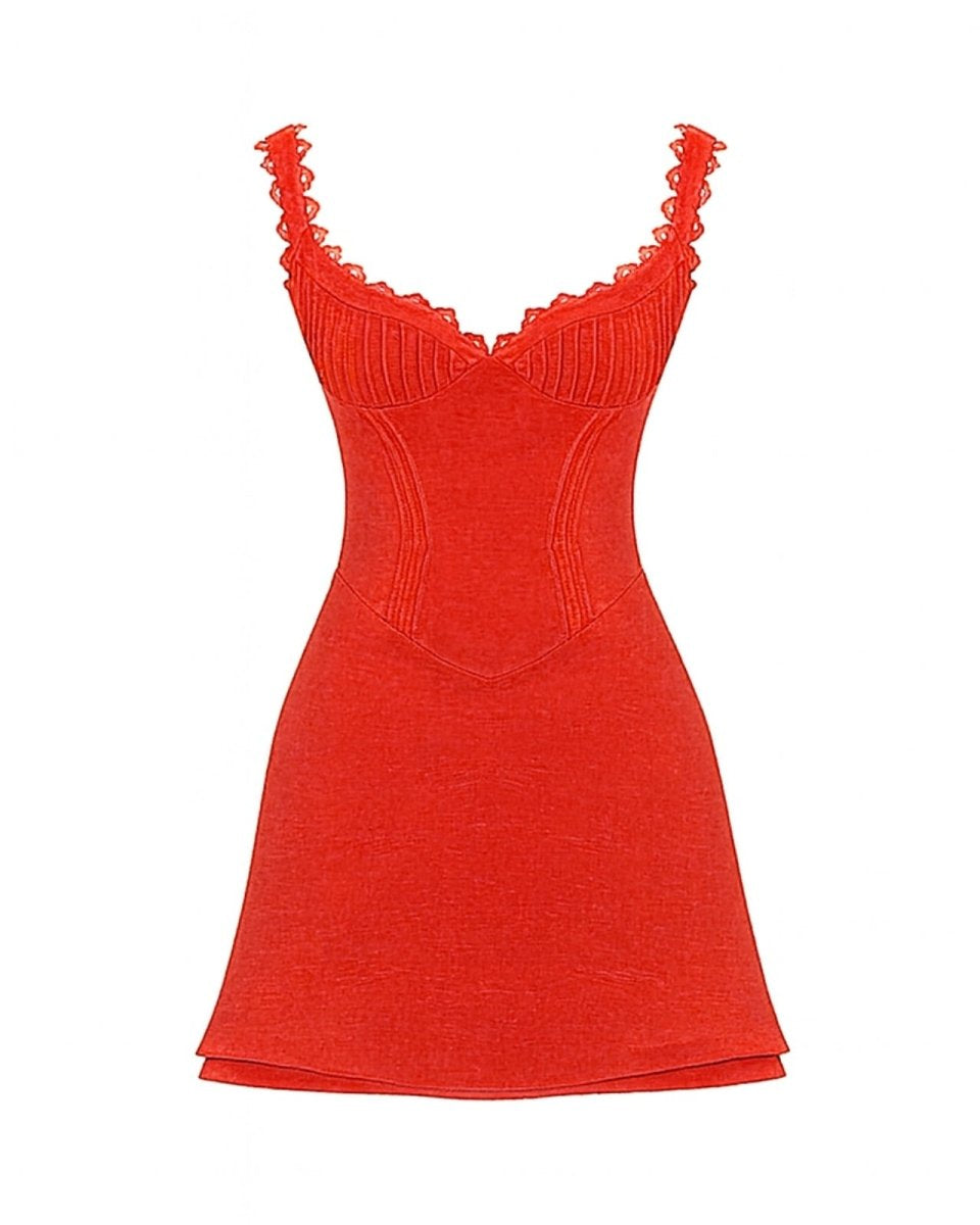 Product-only photo of the red Ariadne corset dress with scalloped trim, showing details of the bodice and knit texture.