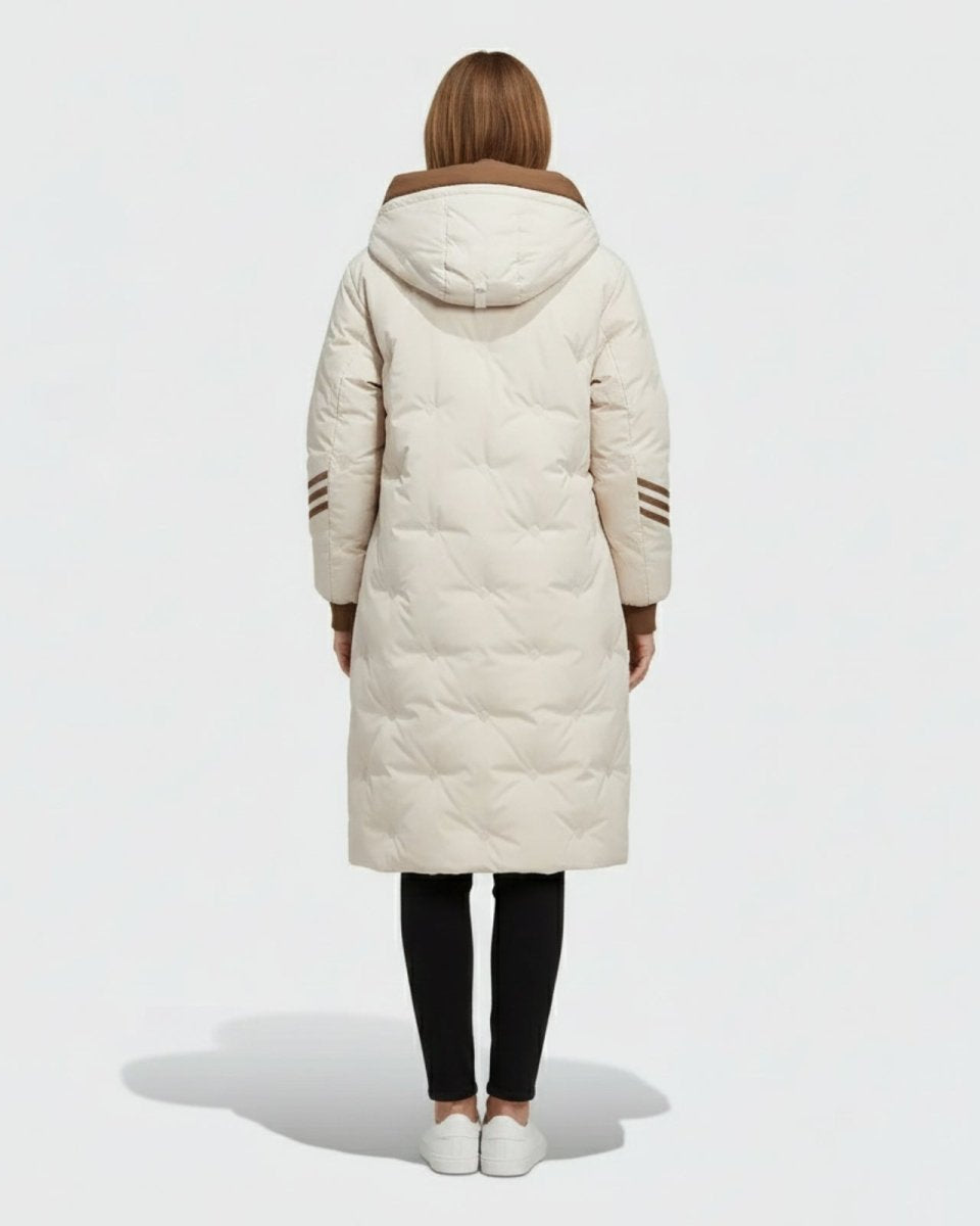 Back view of the Arianne winter coat, highlighting the insulated brown hood and brown three-stripe detail on the sleeves.
