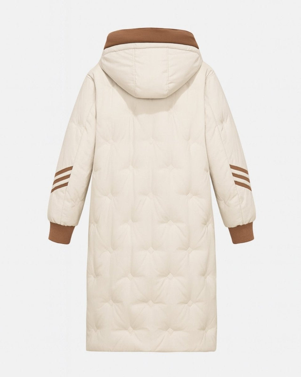 Top-down flat lay of the back of the Arianne long puffer coat, detailing the brown rib-knit cuffs and sleeve stripes.