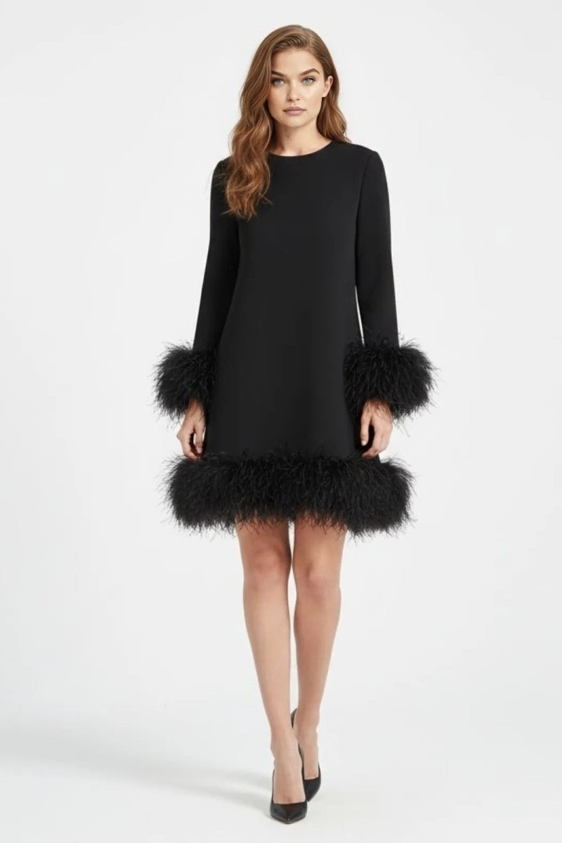 Feather Trim Mini Dress Long Sleeve Cocktail Party Dress
