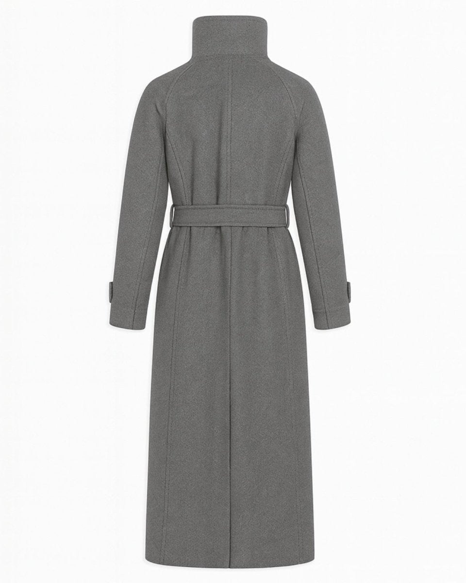 Flat lay showing the back construction of the heather grey Ashley wool coat, detailing the center seam and craftsmanship of the belt loops.
