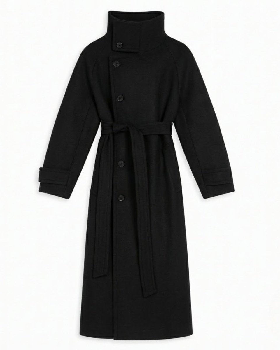 Flat lay of the Ashley long black wool coat showing the asymmetrical button closure at the funnel neck and the self-tie belt.