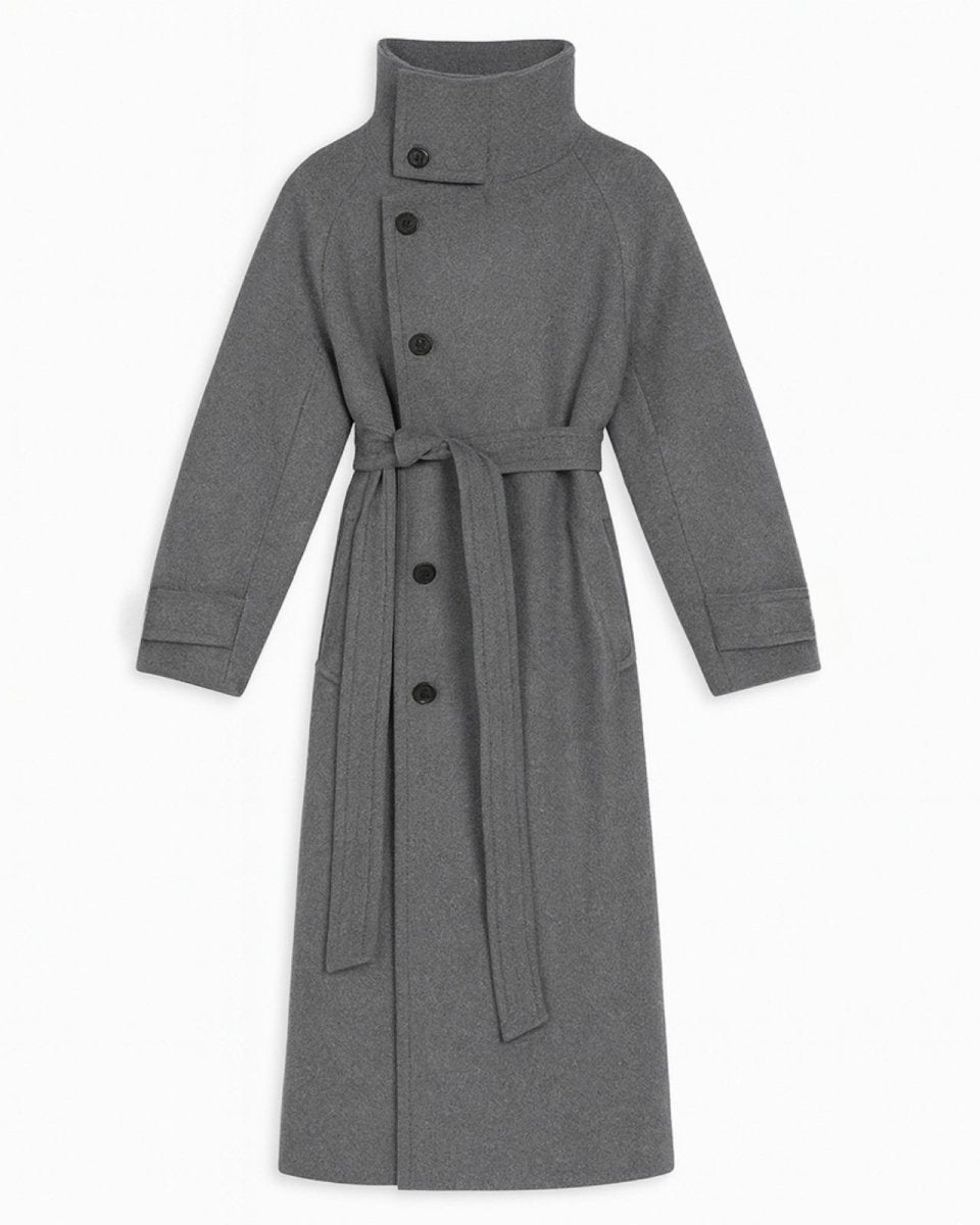 Flat lay of the grey funnel neck wool coat, unbelted, displaying the rich texture of the Italian wool and the placement of the horn buttons.