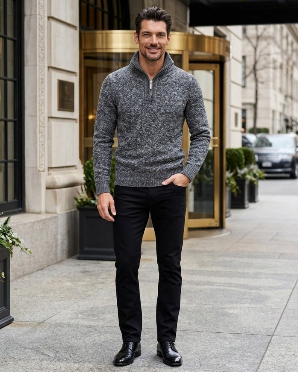 A man wearing a gray and black marled quarter-zip sweater, black trousers, and black dress shoes stands on a city sidewalk in front of a building with a gold revolving door.