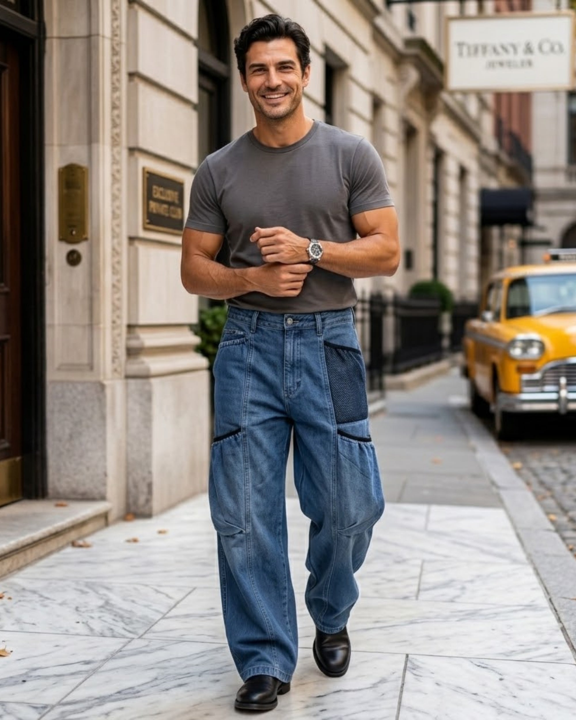 A man walking on a city sidewalk wearing a fitted dark gray crew-neck t-shirt and wide-leg blue jeans with contrast dark patch pockets. A yellow taxi is visible in the background along with a building facade and a Tiffany & Co.