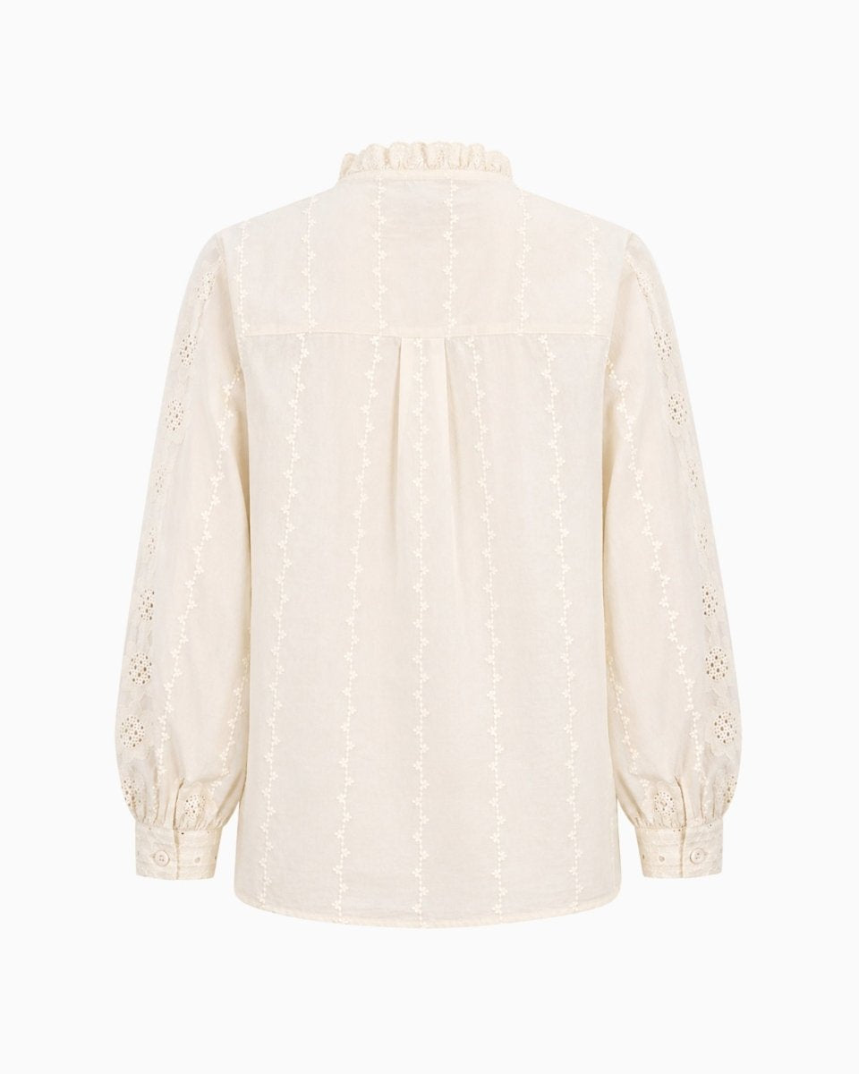 Back view product shot of a beige bohemian embroidered shirt showing collar details and straight curved hemline.