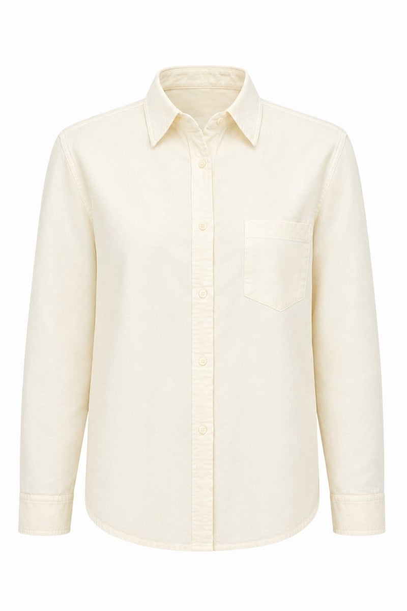 Ghost mannequin front view of a women's beige heavy cotton button-down shirt featuring a single chest pocket and pointed collar.