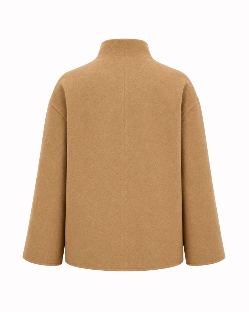 A camel-colored wool coat with a mock neck and long sleeves, shown from the back on a solid white background.