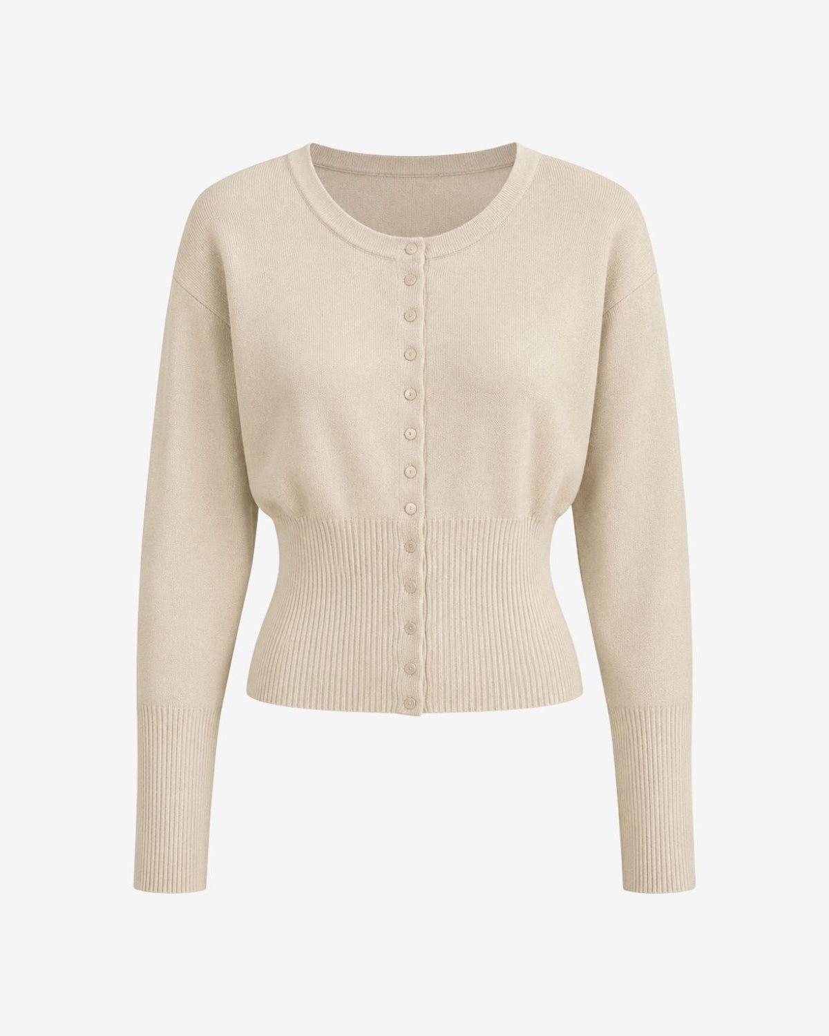 A light beige cropped cardigan sweater with a crew neck, long sleeves, and a button-up front, shown on a plain light gray background.