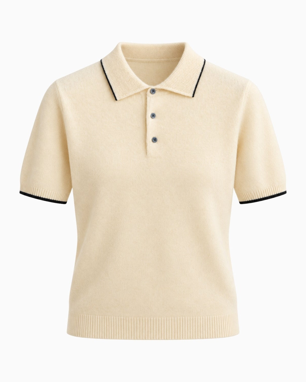 A beige-colored short-sleeve knit polo shirt with black contrast piping on the collar and sleeve cuffs, featuring a three-button placket, shown against a plain white background.