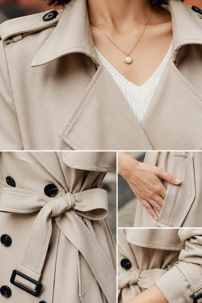 Collage of a beige trench coat with close-up details on a blurred street background