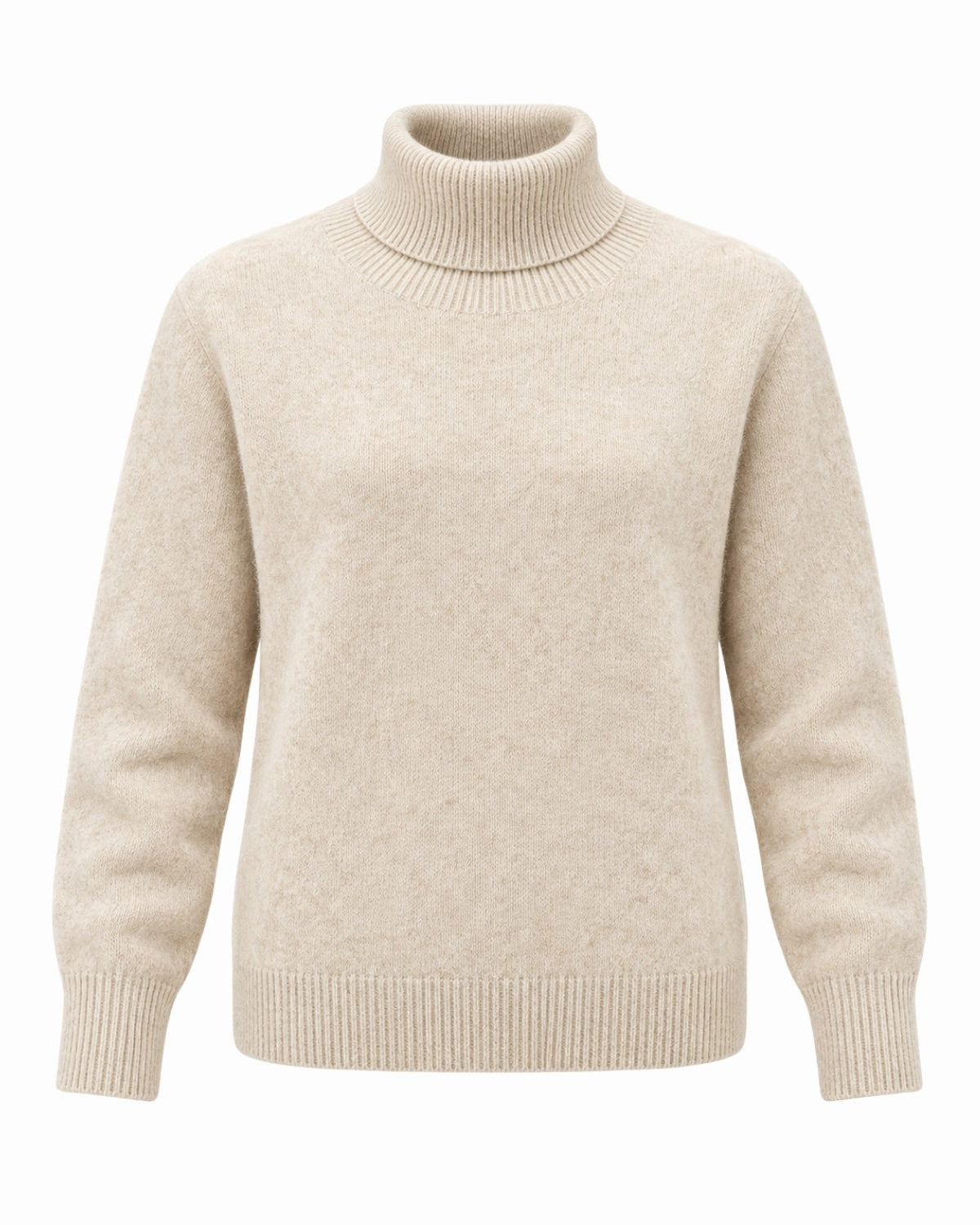 A light beige turtleneck sweater with a soft, fine-knit texture, shown on a plain white background.