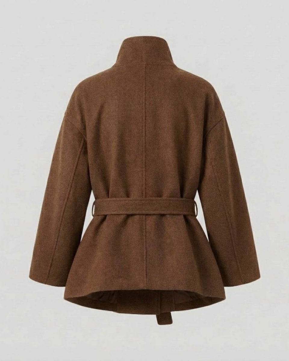 Product flat lay of the back of the high-neck wool jacket in a rich brown color.