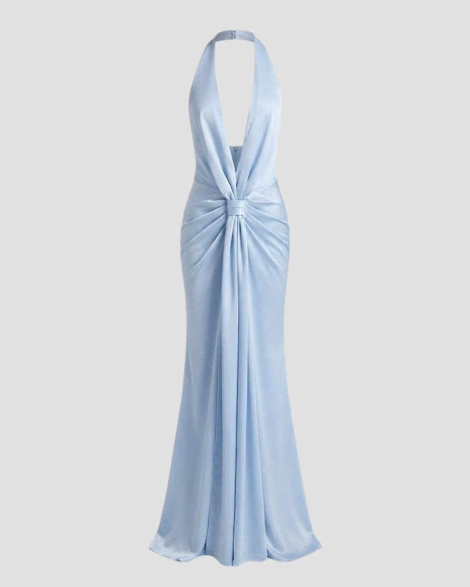Flat lay product shot of the front of the Beverly light blue satin halter maxi dress.
