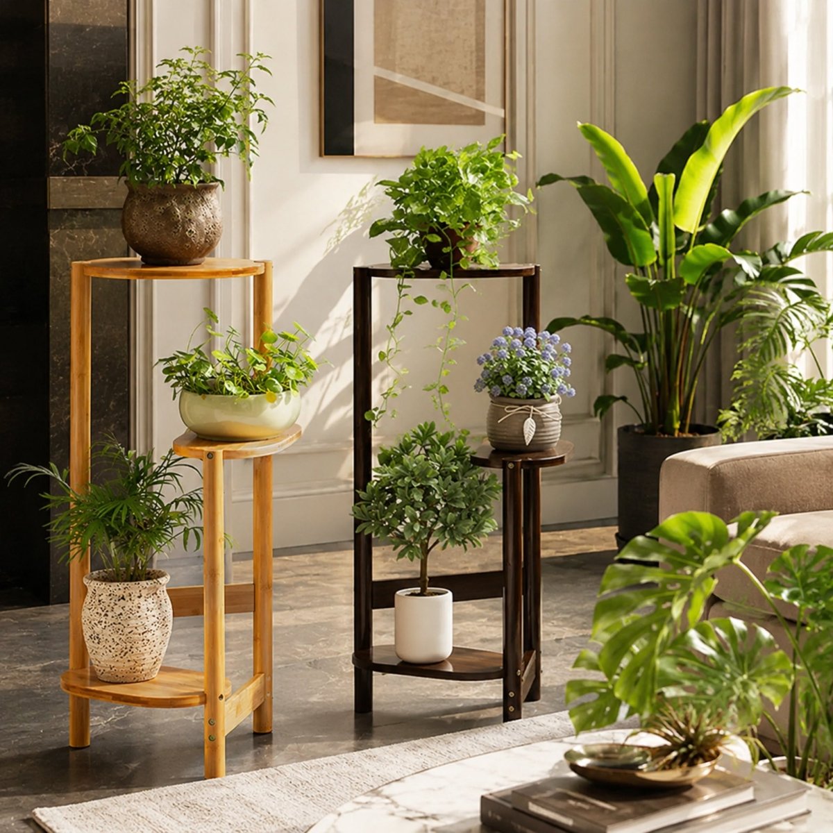 Two mid-century wooden plant stands showcasing a variety of tropical indoor houseplants in a beautifully sunlit living space.
