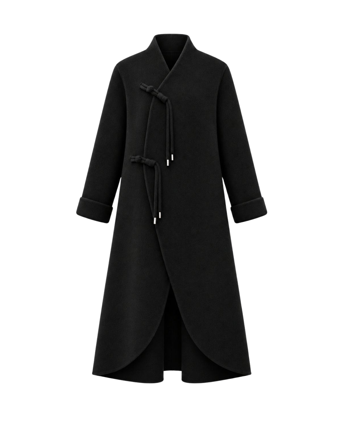 A long black wrap-style coat with a stand collar, three-quarter sleeves, and black cord tie closures at the front, shown on a plain white background.