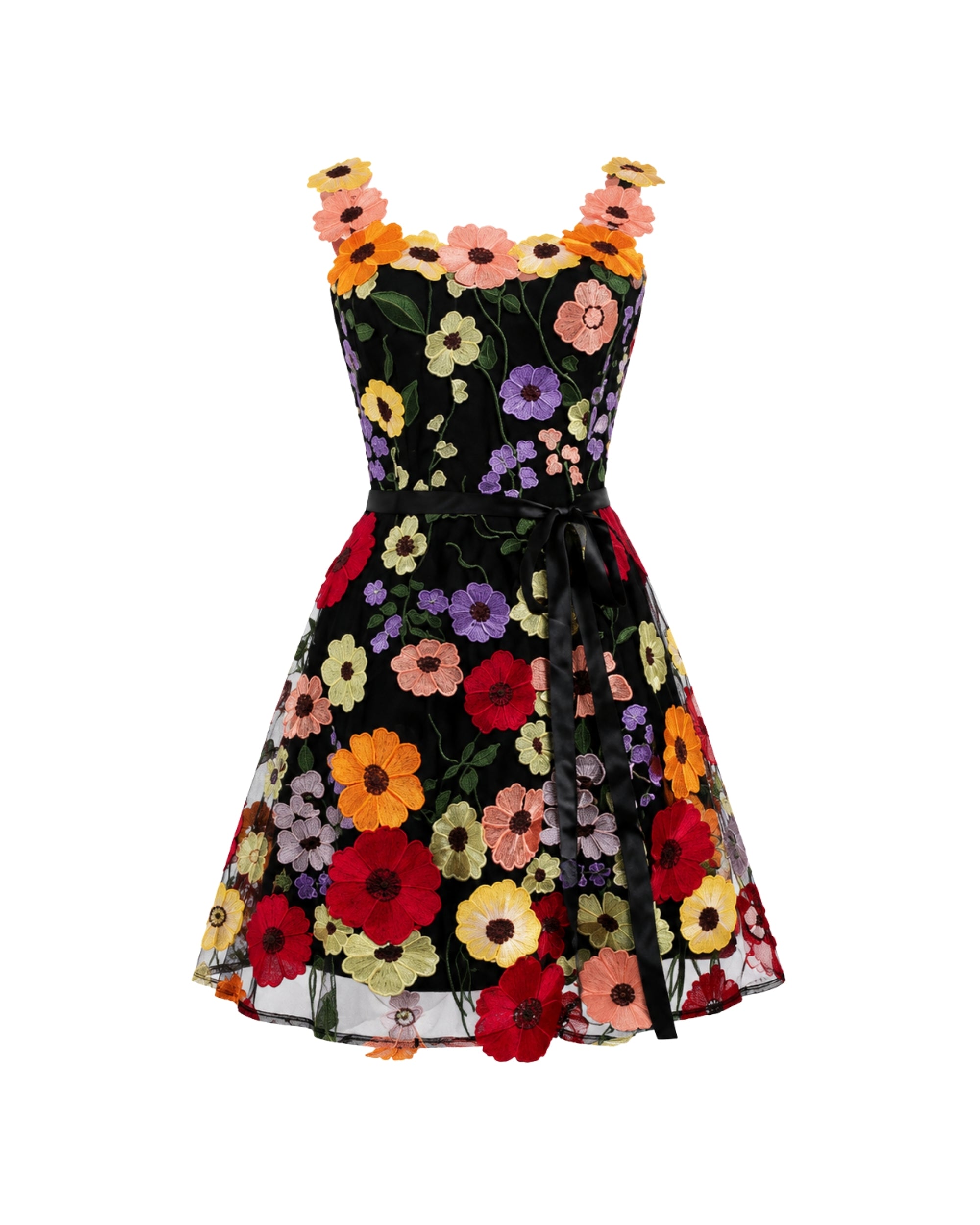 A sleeveless black mesh dress with a flared skirt, featuring a vibrant multicolor floral pattern and a black ribbon tie at the waist, shown against a plain white background.