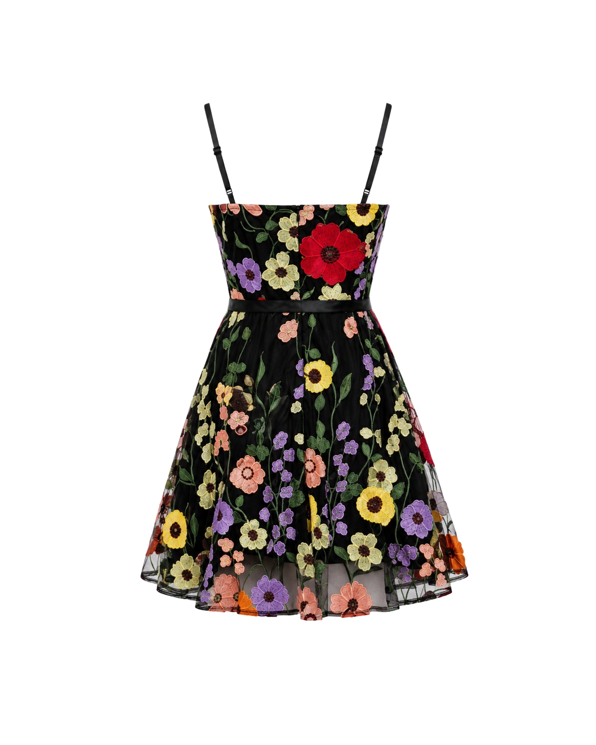 A black midi dress with a vibrant multicolor floral print, featuring thin shoulder straps and a flared skirt, shown against a plain white background.