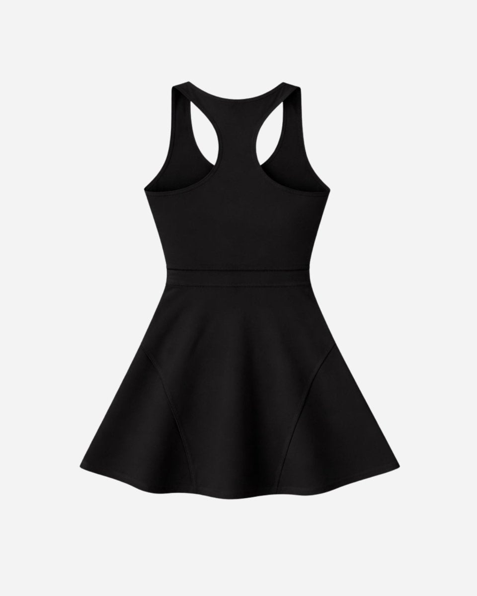 Ghost mannequin back view of black racerback sports dress by Kouvr