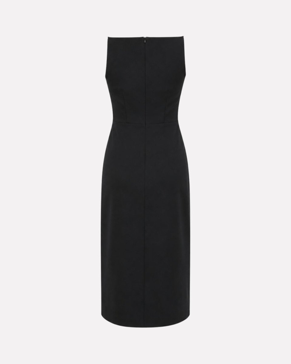 A sleeveless black sheath dress with a structured, fitted silhouette and a straight neckline, shown from the back on a light gray background.