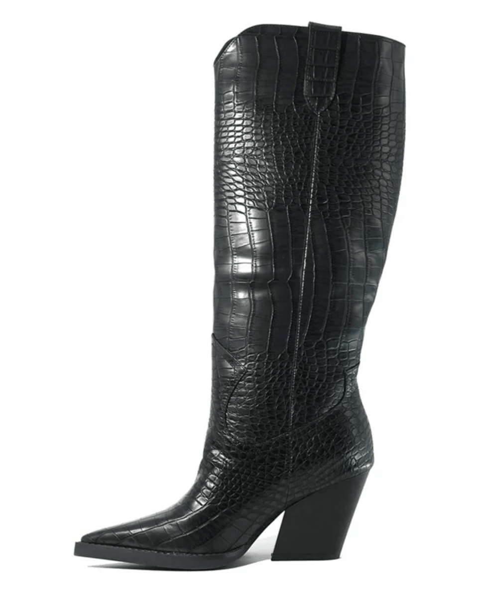 A single black knee-high boot with a crocodile-embossed texture, a pointed toe, and a block heel, shown against a plain white background.