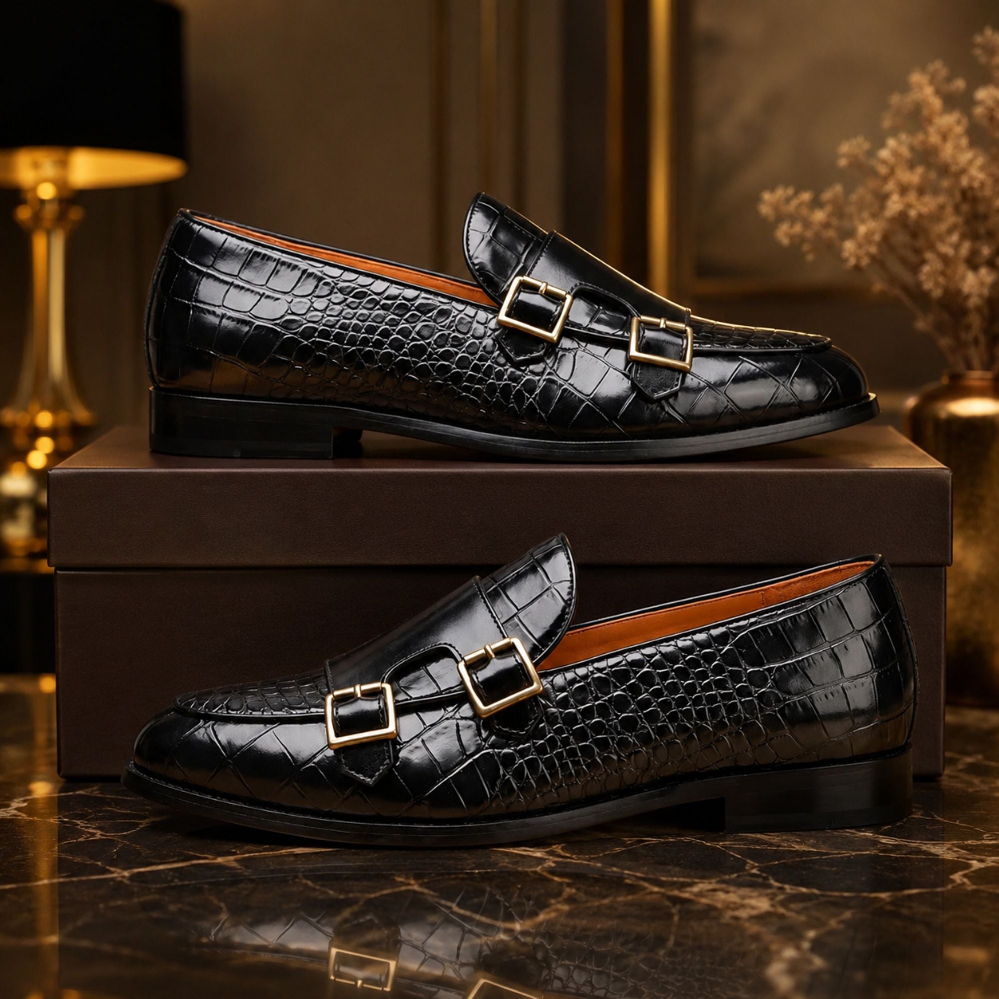 A pair of black crocodile-embossed leather loafers with gold buckle details, displayed on a dark brown shoebox over a polished marble surface.