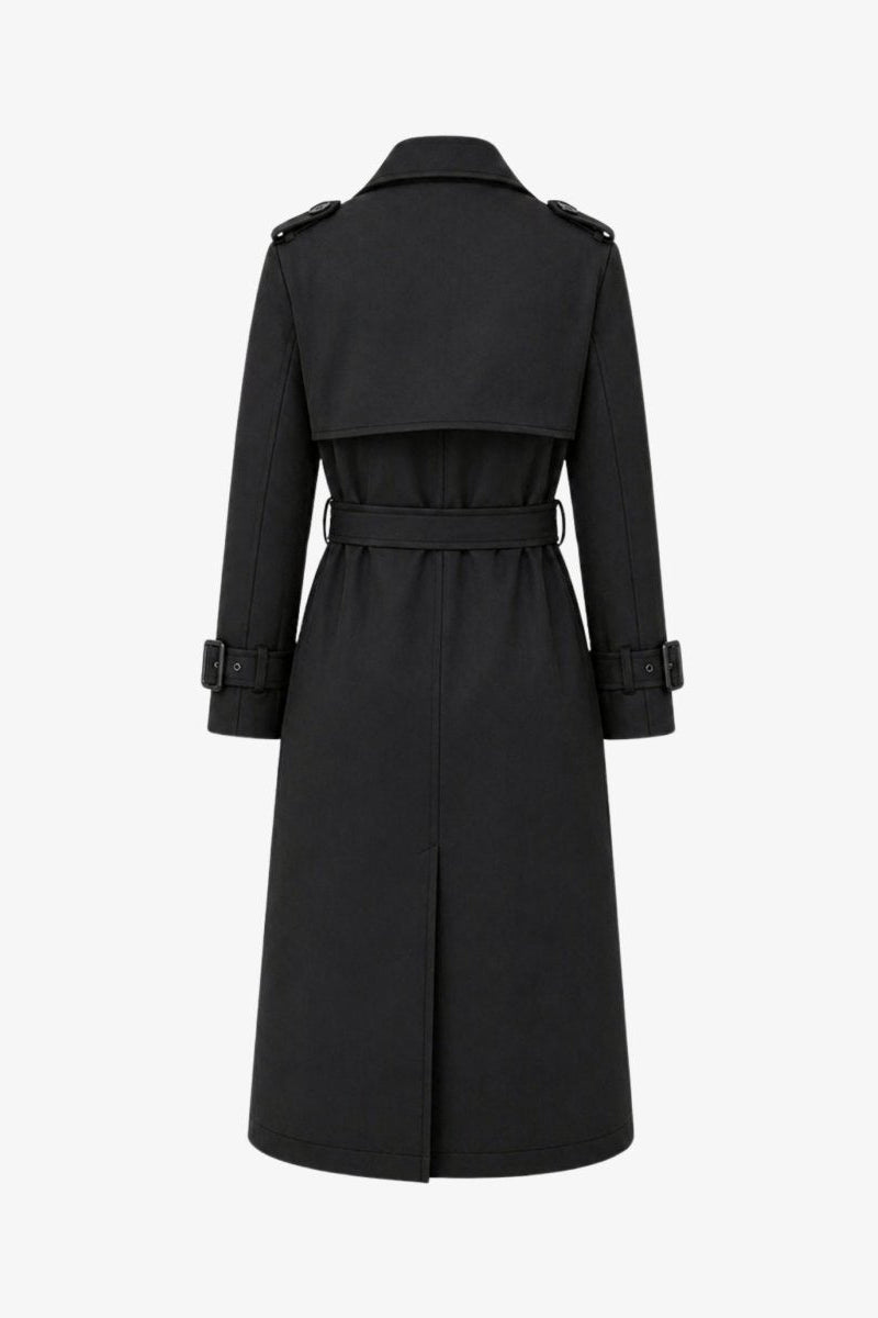 Flat lay product shot back view of women's black trench coat detailing