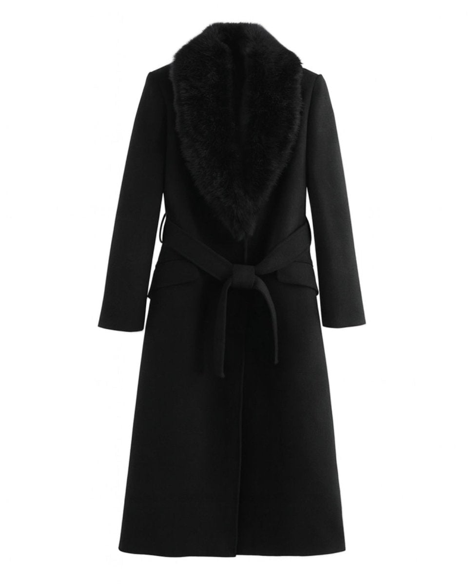 Flat lay image of the black wool coat with the self-tie belt fastened and the plush faux fur collar displayed.