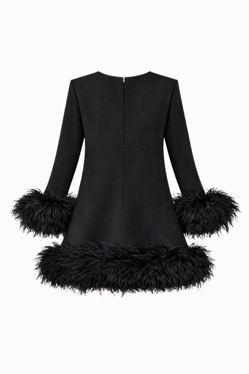 A black long-sleeve dress with voluminous feathered trim at the cuffs and hem, shown from the back on a plain white background.