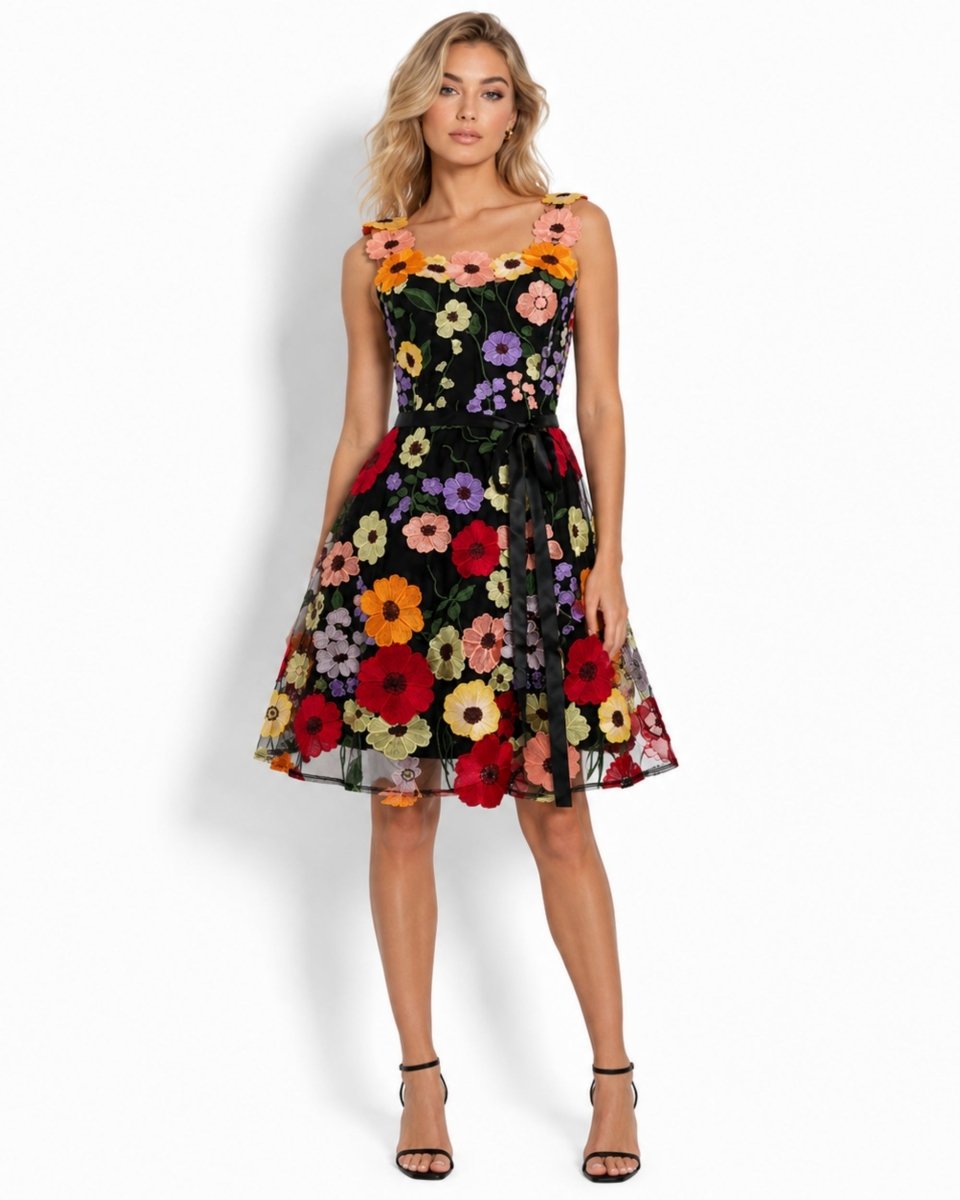 Woman modeling a black A-line cocktail dress with vibrant multicolor floral embroidery and 3D applique straps by luxury brand