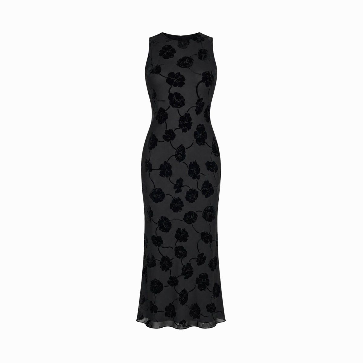 Flat lay front view of black floral textured high neck maxi dress