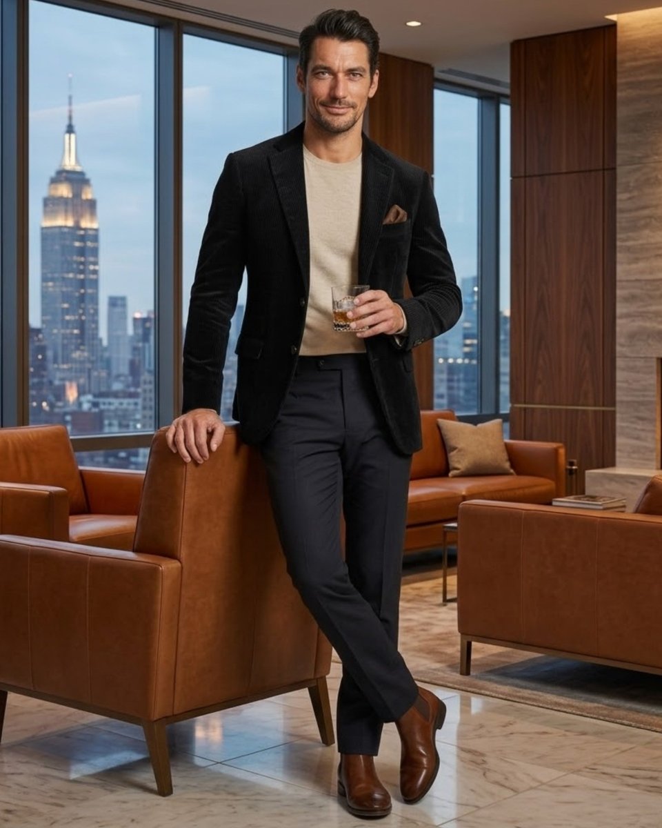 A man stands in a modern lounge room wearing a black blazer and dark trousers over a beige sweater, holding a drink. Large windows behind him show a city skyline at dusk, with brown leather armchairs in the room.