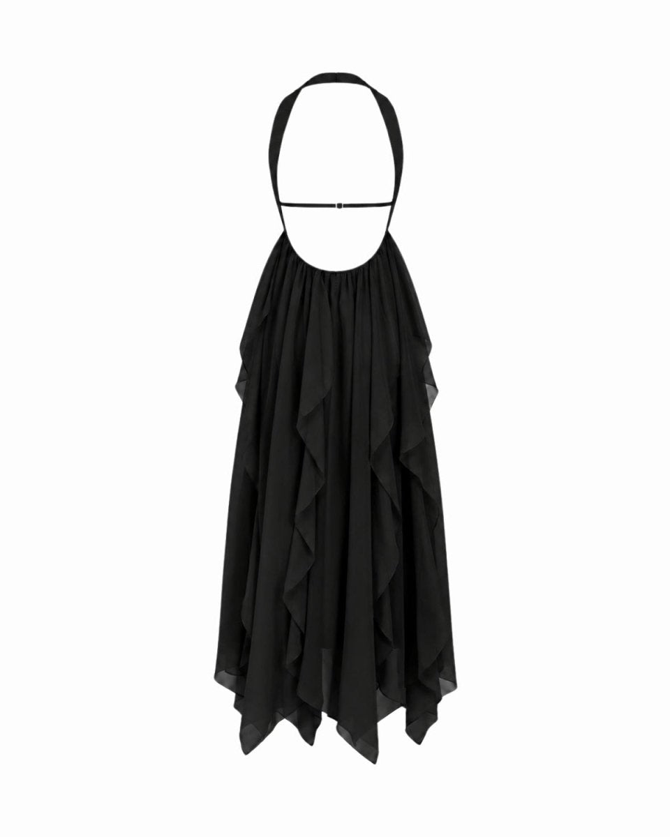 A black halter-neck dress with a tiered, ruffled skirt, displayed on a white mannequin torso against a plain white background.