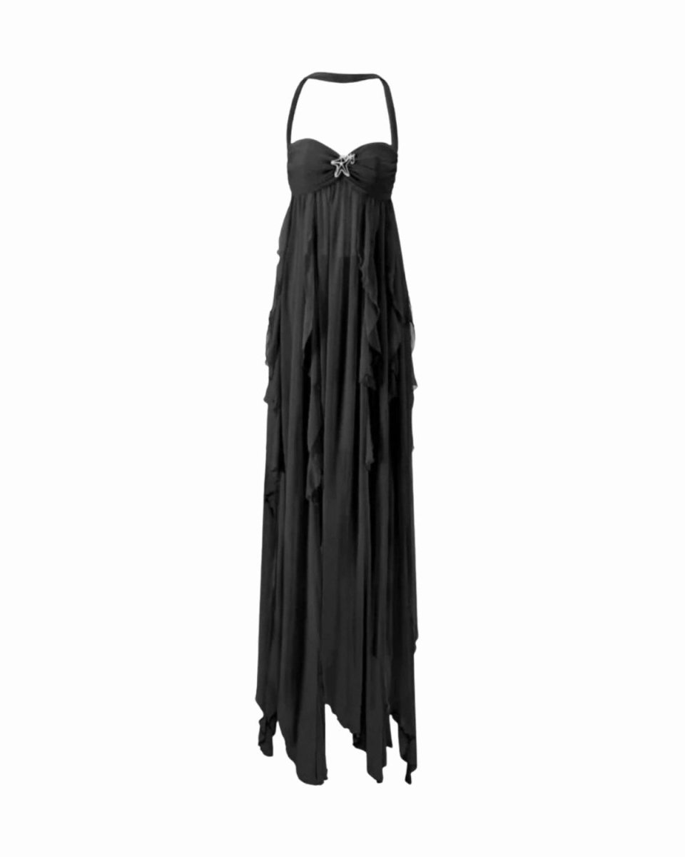 A black halter-neck maxi dress with a sweetheart neckline, a decorative crystal-embellished bodice, and cascading ruffled layers down the skirt, shown against a plain white background.
