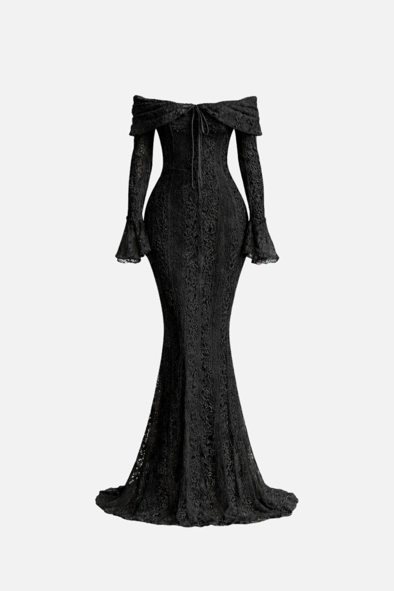 Studio front view product shot of a black lace off the shoulder formal dress featuring a front tie bust detail
