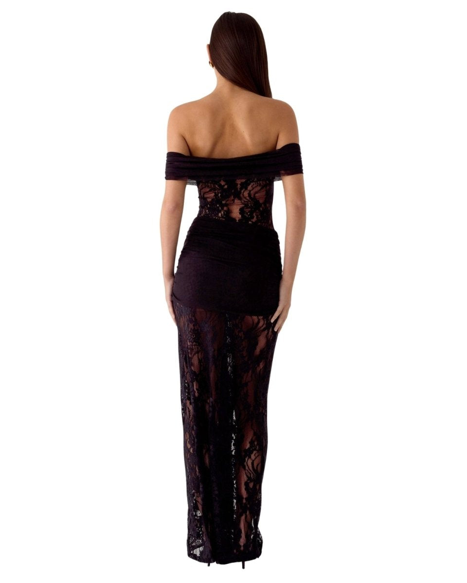 Black lace Fenlo off-shoulder evening gown on a white background