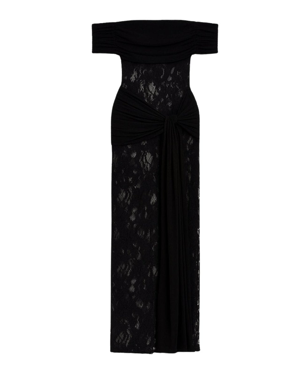 Black Kouvr lace strapless gown on a white background