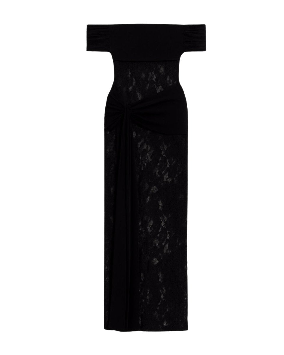 Black Fenlo lace strapless gown on a white background