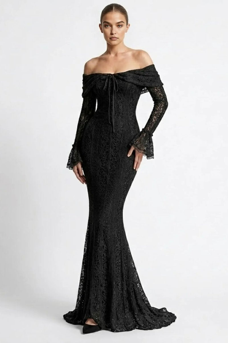 Front view of female model wearing an elegant black lace off the shoulder maxi dress with long bell sleeves