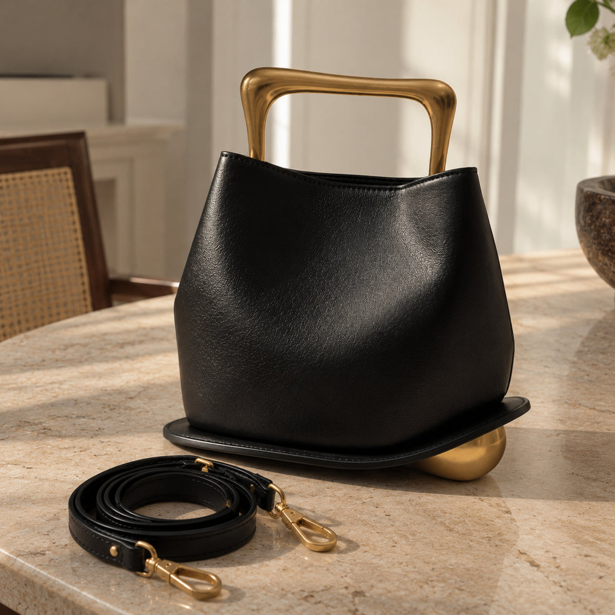Black leather architectural Kouvr handbag with gold top handles and detachable crossbody strap resting on a marble table.