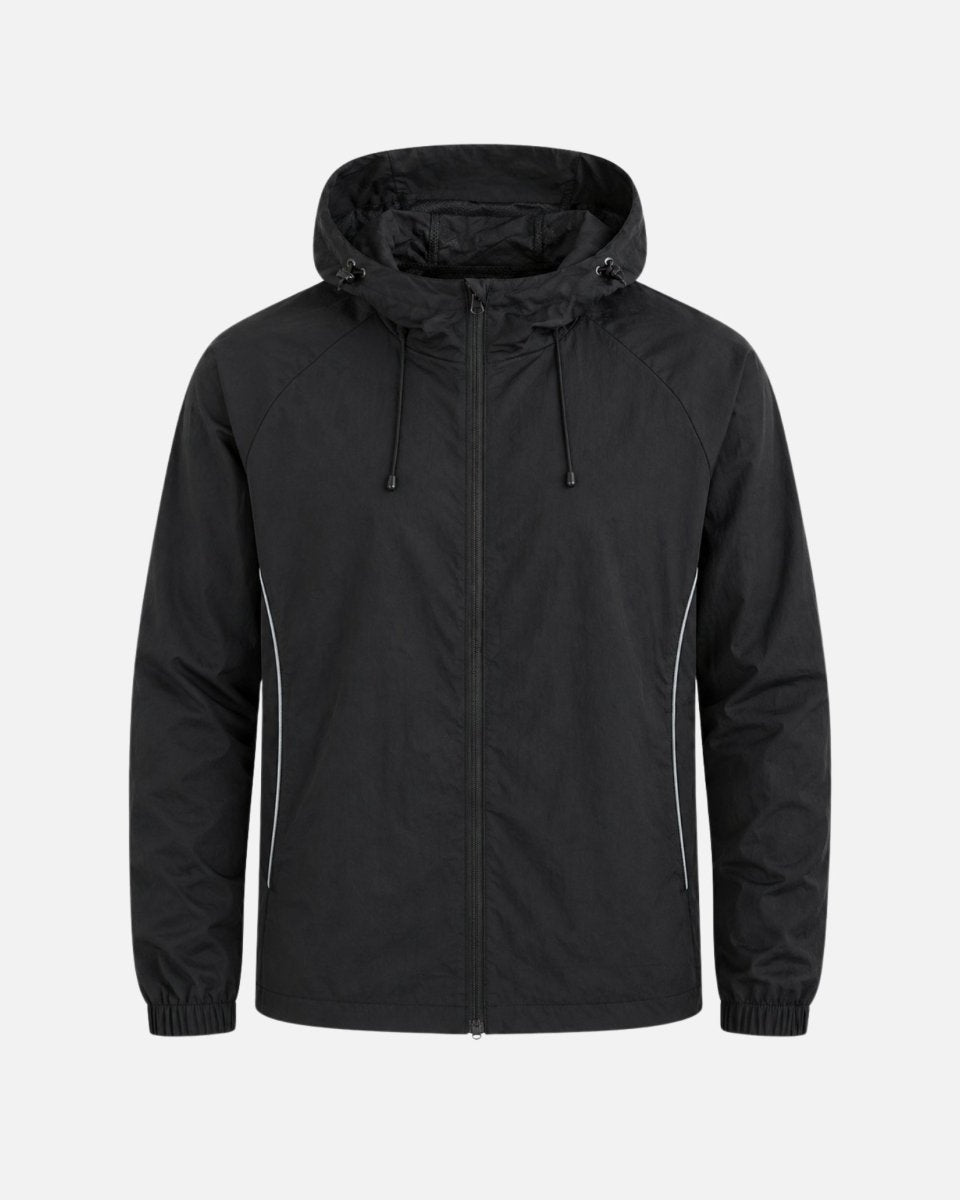 Front view of black hooded windbreaker jacket on invisible mannequin showing full zip and elastic cuffs.