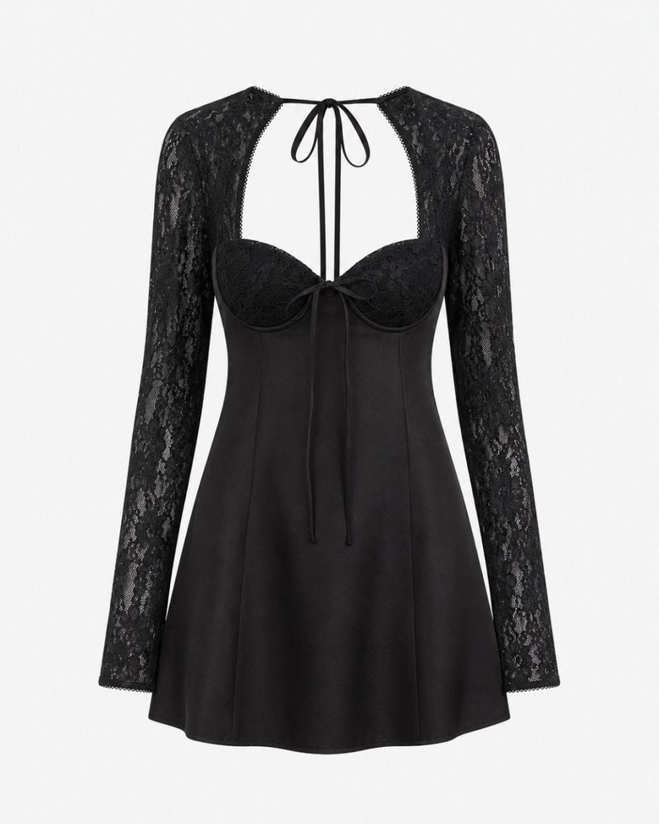 A black long-sleeve lace mini dress with a sweetheart neckline, tie-front detail, and structured corset-style bodice, shown on a plain light gray background.