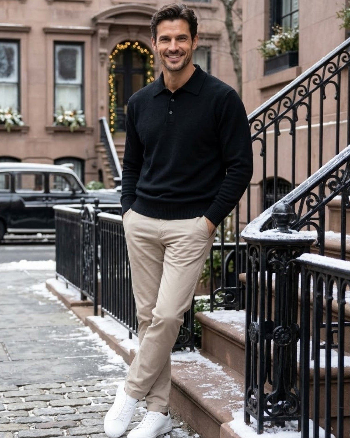 A man wearing a black long-sleeve polo shirt, beige trousers, and white sneakers stands on outdoor city steps with snow, posing in front of brownstone buildings.
