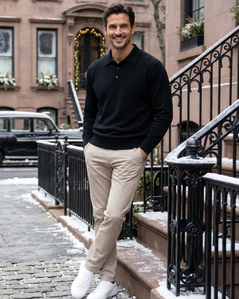 A man wearing a black long-sleeve polo shirt, beige trousers, and white sneakers stands on outdoor city steps with snow, posing in front of brownstone buildings.