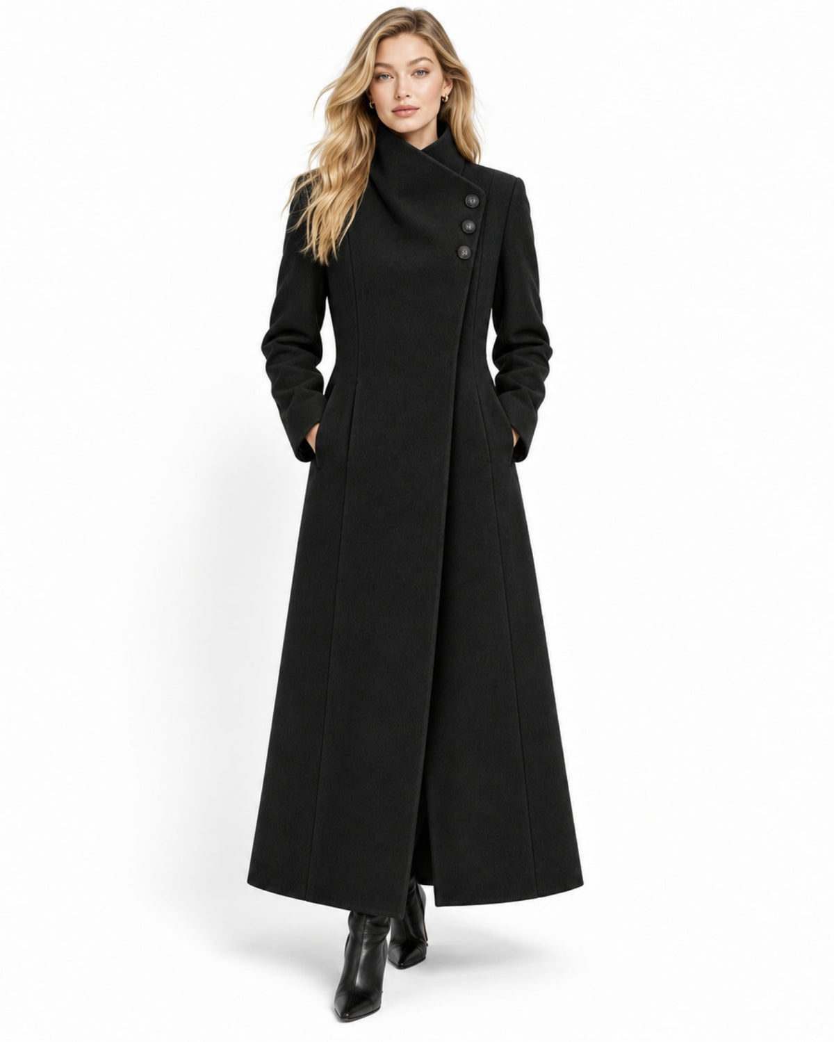 Woman modeling long black wool maxi coat with high neck asymmetrical button closure and tie belt